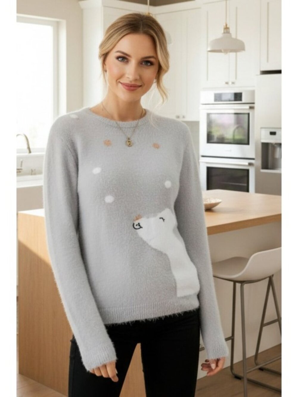 Fuzzy Embroidered Winter Animal Crew Neck Long Sleeve Novelty Holiday Sweater